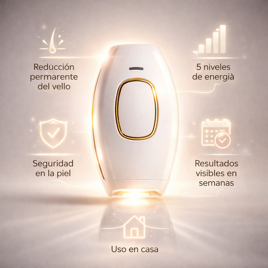 Depiladora Laser™: Depiladora IPL diseñada para eliminar el vello mientras mejora la apariencia de la piel, logrando un acabado suave y luminoso.