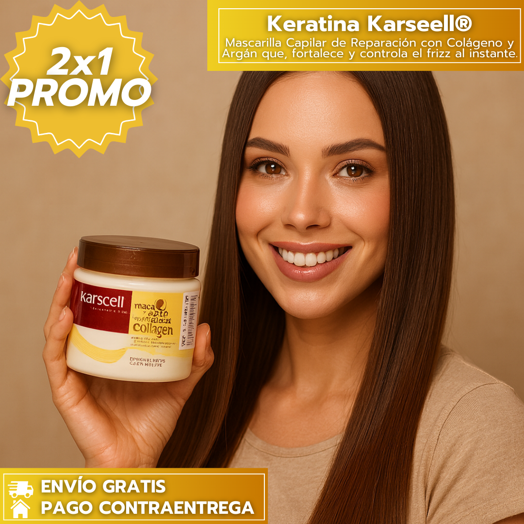 Oferta Especial 2x1 Keratina Karseell®: Mascarilla Capilar de Reparación con Colágeno y Argán que hidrata, fortalece y controla el frizz al instante.