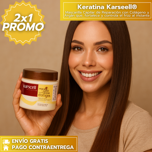 Oferta Especial 2x1 Keratina Karseell®: Mascarilla Capilar de Reparación con Colágeno y Argán que hidrata, fortalece y controla el frizz al instante.