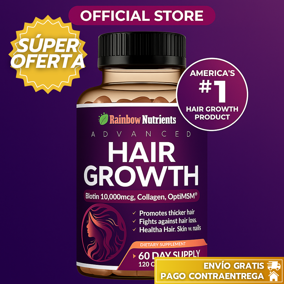 Hair Growth™:Cápsulas con colágeno, biotina y 22 vitaminas mas que fortalecen cabello, piel y uñas desde el interior.