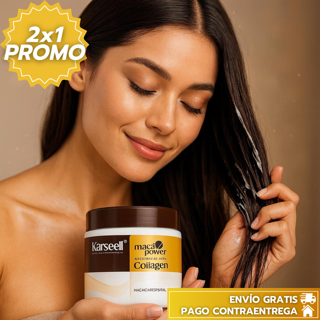Oferta Especial 2x1 Keratina Karseell®: Mascarilla Capilar de Reparación con Colágeno y Argán que hidrata, fortalece y controla el frizz al instante.