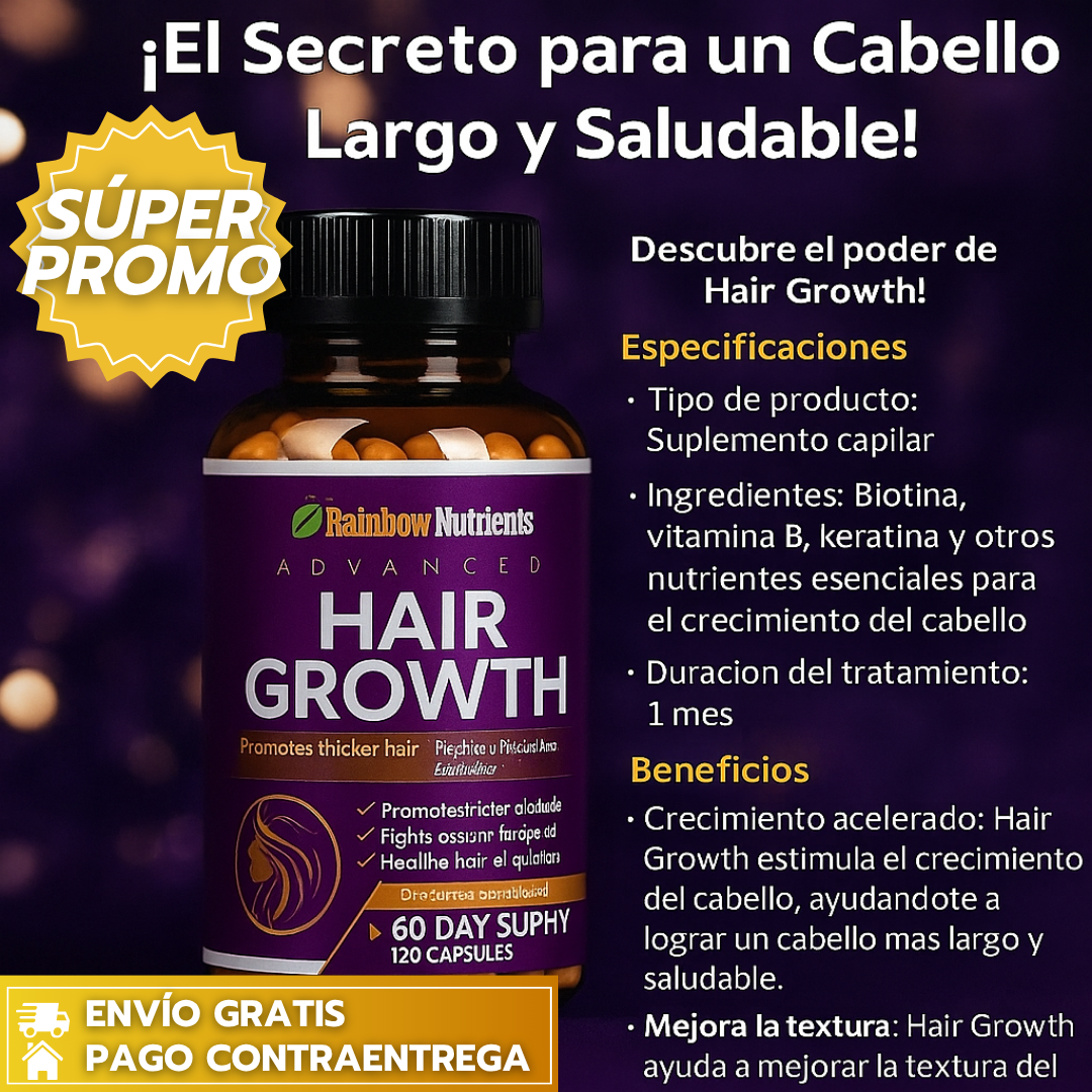 Hair Growth™:Cápsulas con colágeno, biotina y 22 vitaminas mas que fortalecen cabello, piel y uñas desde el interior.