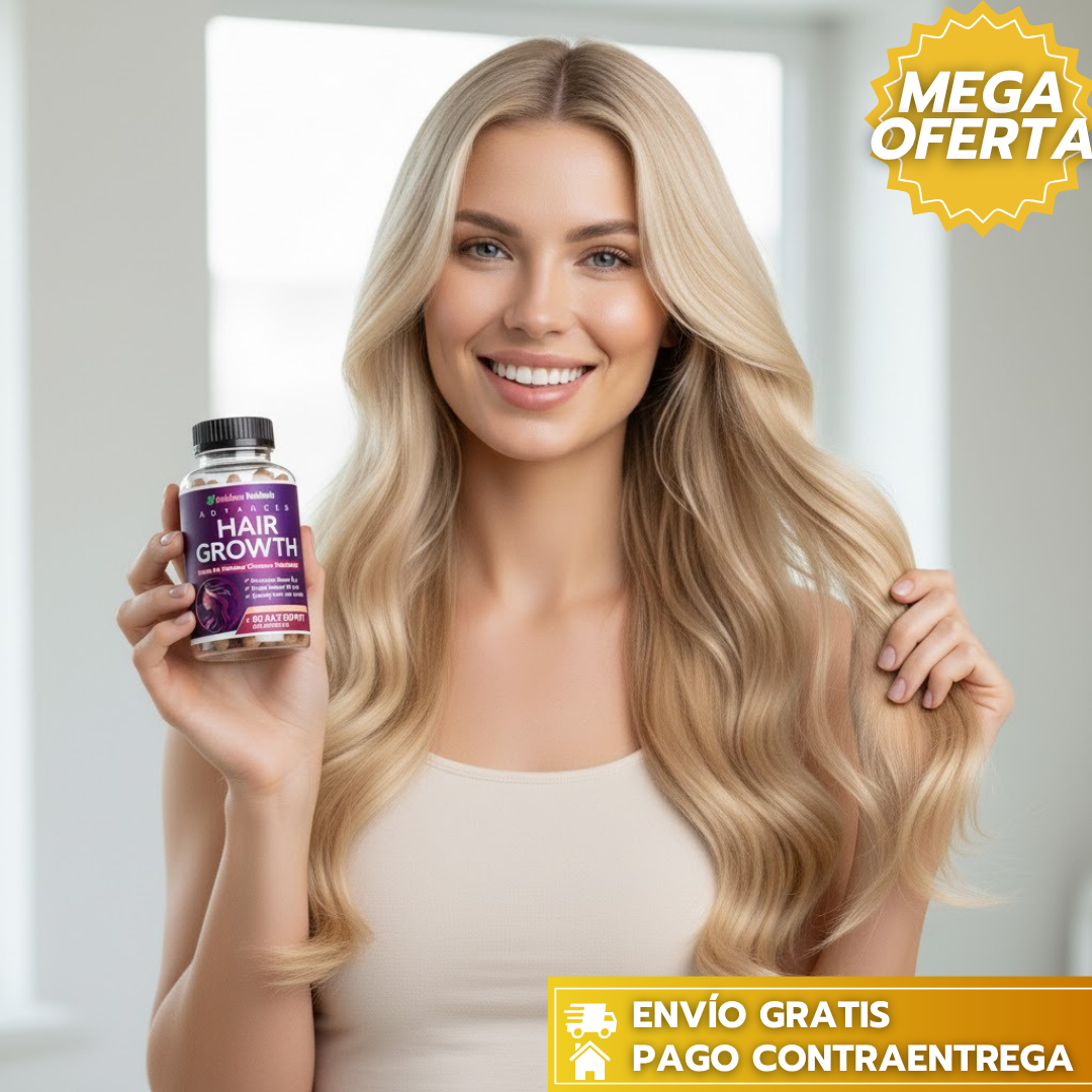 Hair Growth™:Cápsulas con colágeno, biotina y 22 vitaminas mas que fortalecen cabello, piel y uñas desde el interior.