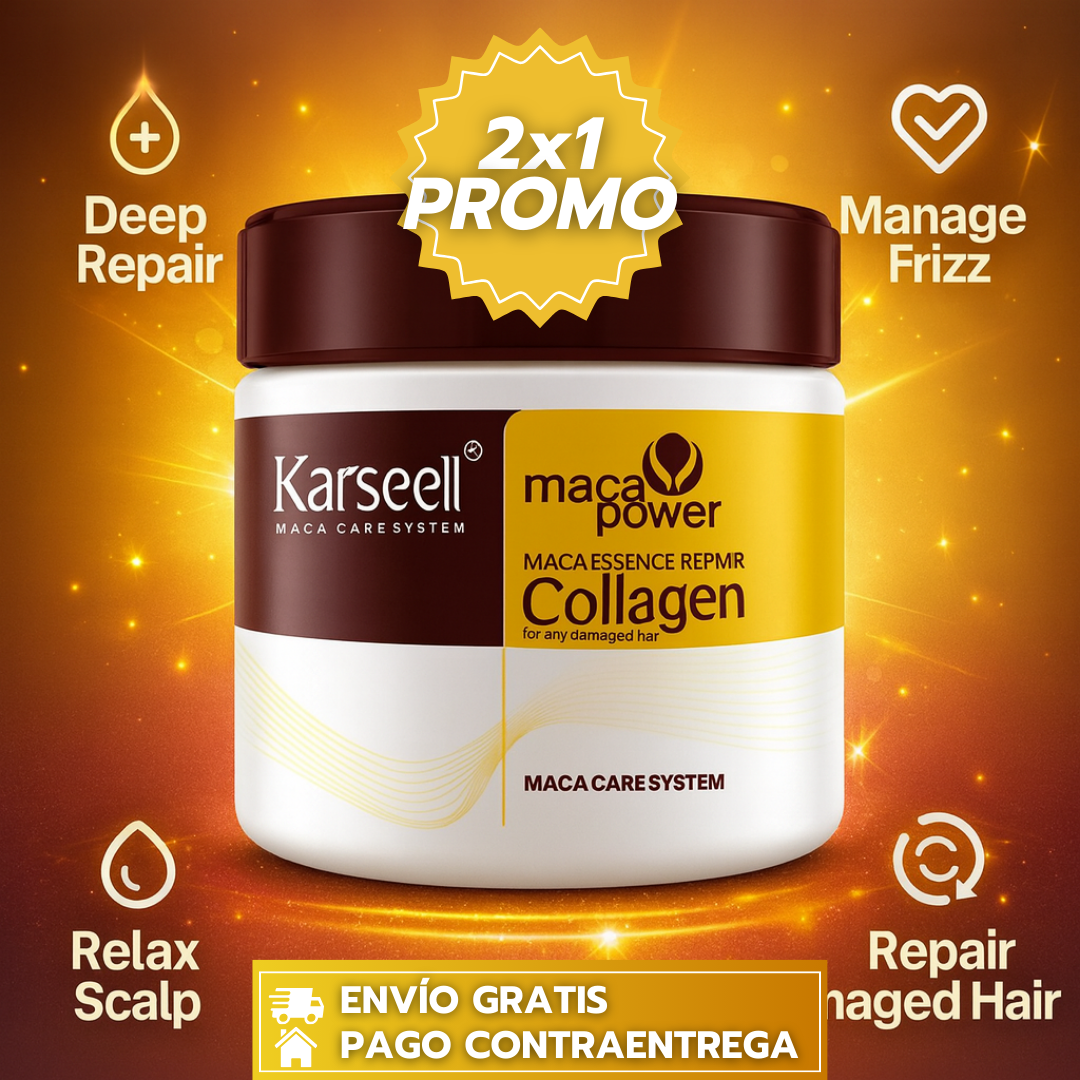 Oferta Especial 2x1 Keratina Karseell®: Mascarilla Capilar de Reparación con Colágeno y Argán que hidrata, fortalece y controla el frizz al instante.